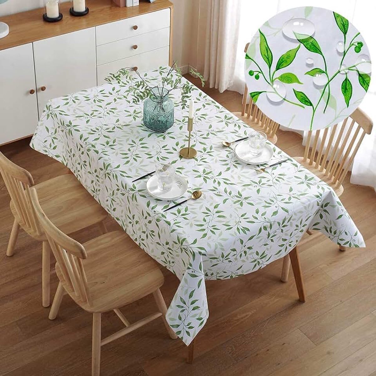 Tafelkleed van PVC-materiaal, rechthoekig schoonmaak tafelkleed, waterdicht, oliebestendig, schimmelbestendig, decoratief tafelkleed met groen bladpatroon,120CM*170CM