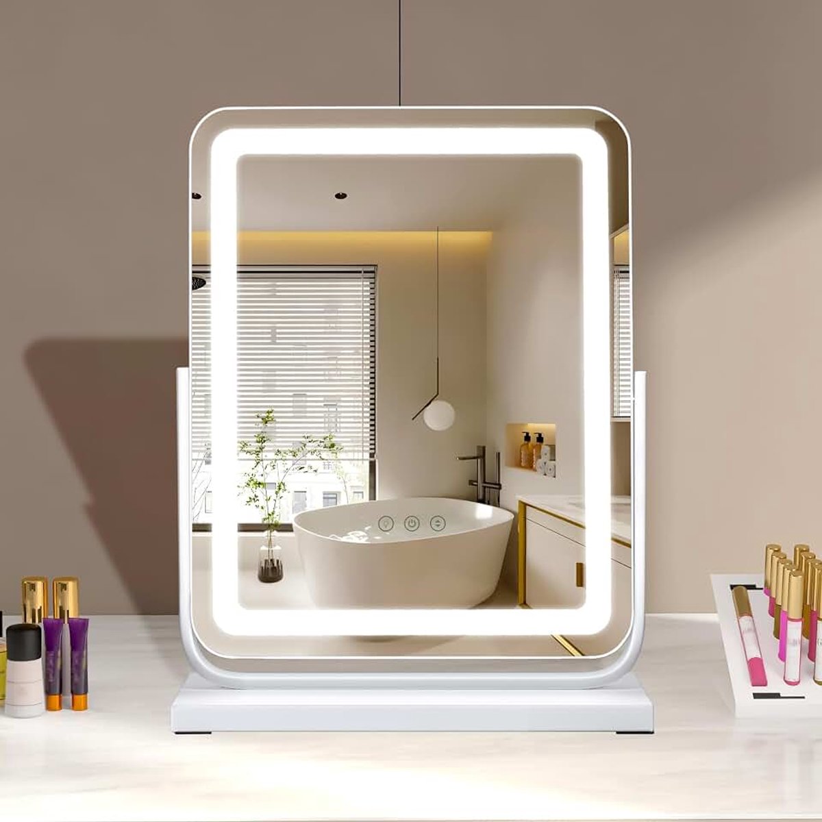 3 kleurmodi, touch-bediening, tafelspiegel met verlichting, vierkante tafelspiegel, 360 graden draaibaar, led-cosmeticaspiegel, 40 x 47 cm, make-upspiegel, make-uptafelspiegel
