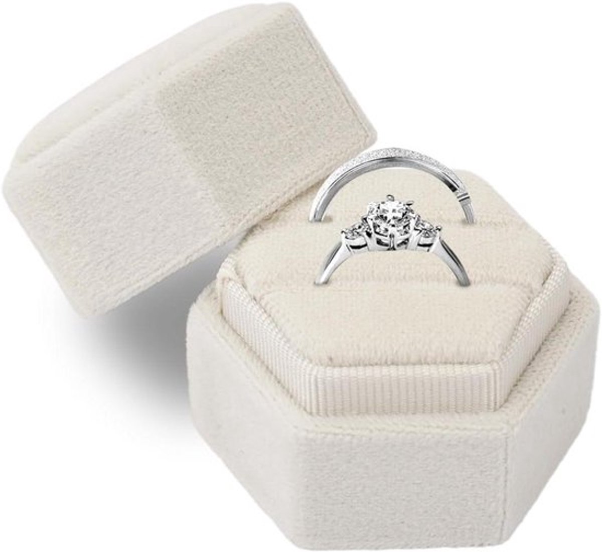 Fluwelen ringendoos voor bruiloft en verloving - dubbele sleuf - zeshoekig design - vintage stijl met afneembaar deksel - geschikt voor bruiloften, aanzoeken en verlovingen