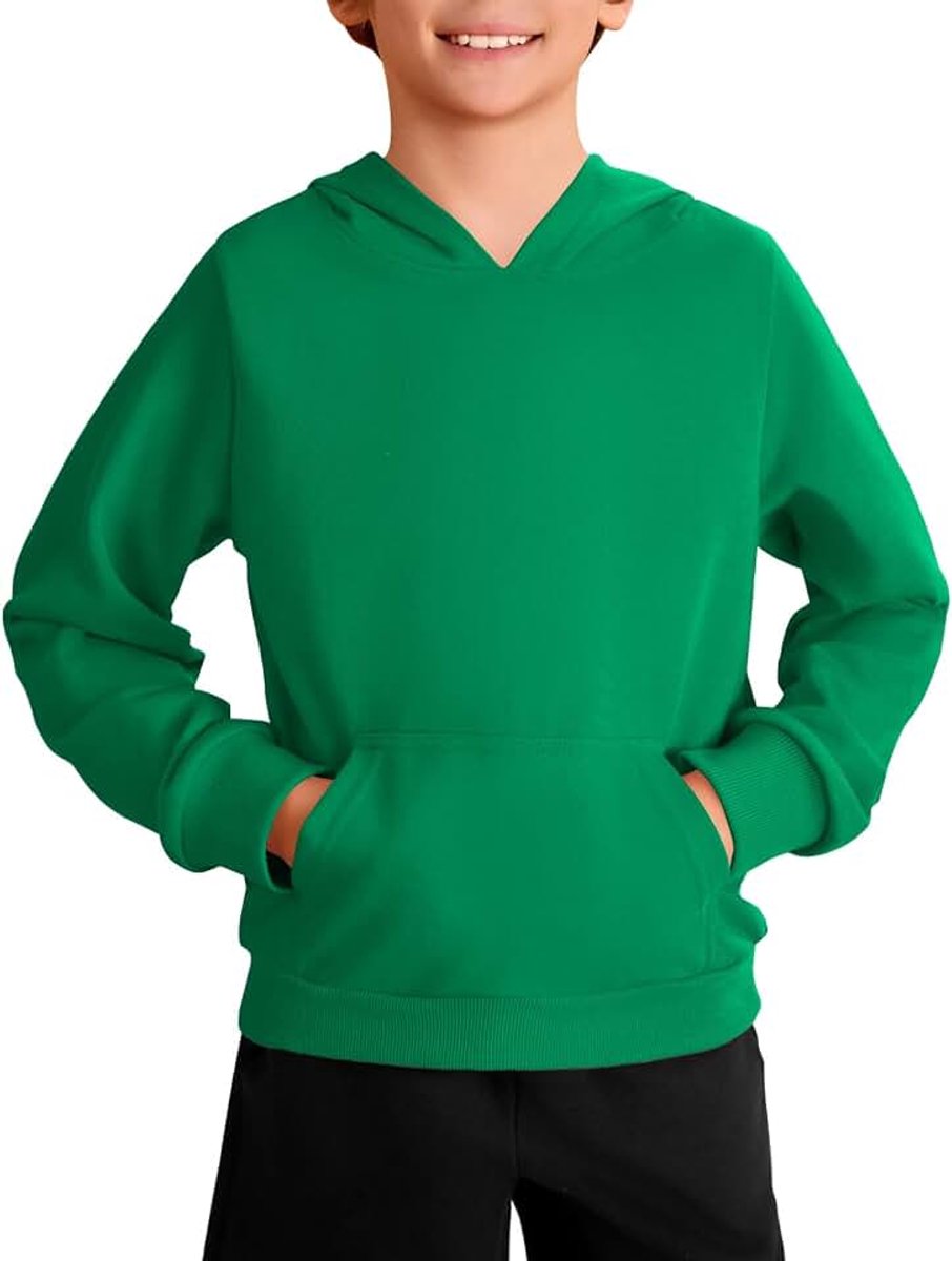 Sweatshirt met capuchon voor jongens, casual effen hoodie | Comfort Fit, kangoeroezak, geribbelde manchetten, lange mouw, normale pasvorm, school, PE, sport, kinderen, 5-14 jaar