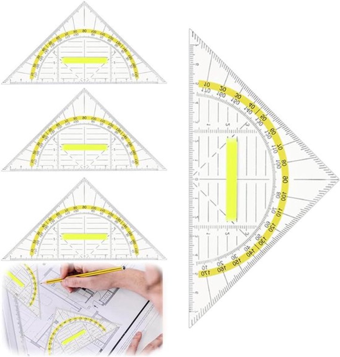 4 stuks geodriehoeken van kunststof 16 cm - onbreekbaar en transparant - schoolbenodigdheden - meetinstrumenten