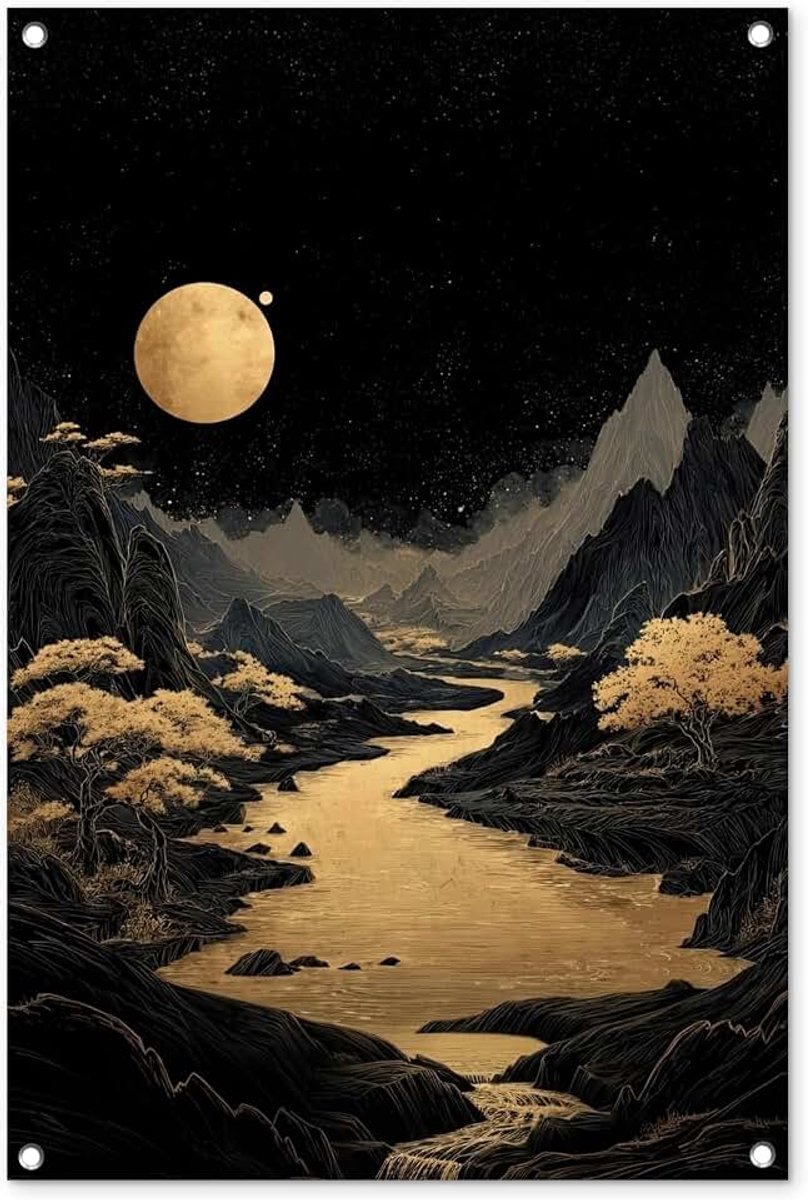 Tuinposter 60x90 cm Balkon Tuindecoratie Poster Garden Outdoor Posters Tuin Decoratie Tuinposters Voor Buiten Terras Tuinmuurdecoratie Gouden rivier - Bergen - Maan - Sterrenhemel