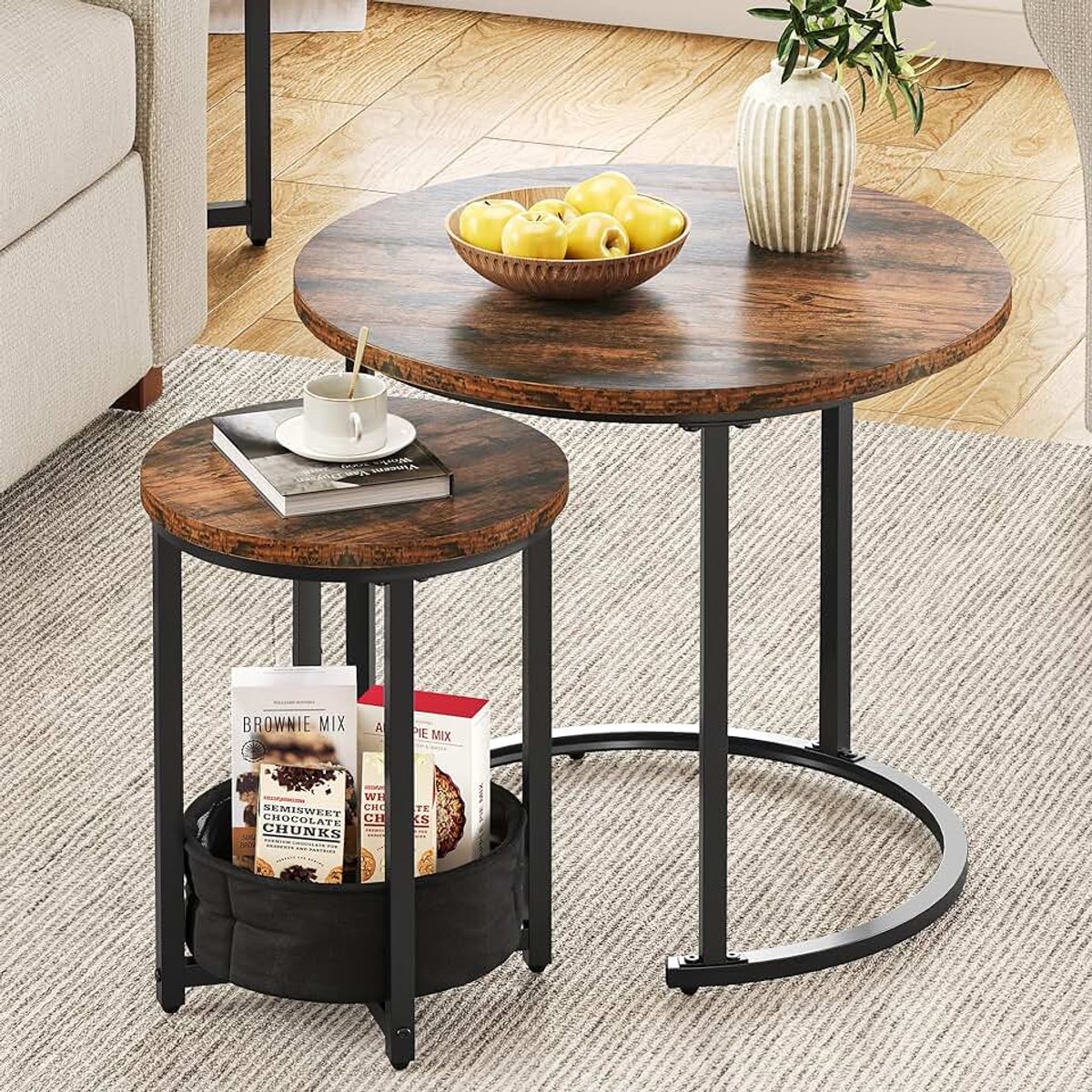 Salontafel, set van 2, rond, woonkamertafel, modern, met stoffen tas voor opbergruimte, bijzettafel, set van 2, stapelbaar met houten plaat en metalen frame, bank, tafel, woonkamer,