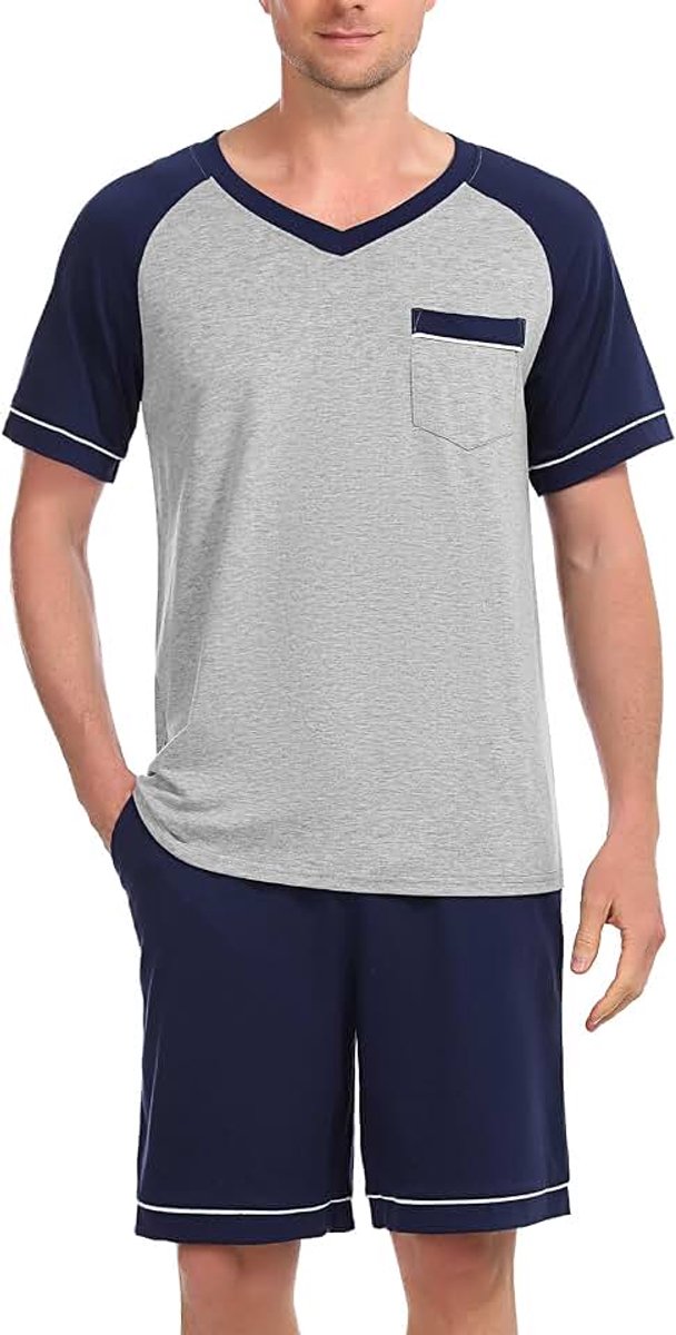 Zomerpyjama voor heren, katoen, pyjamaset met korte mouwen en broek, korte pyjama, 2-delig, met zakken, S-XXL