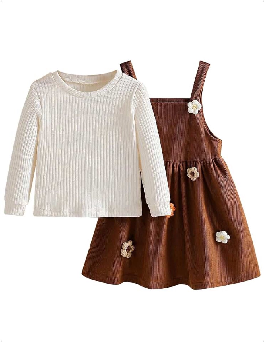 Set, Corduroy Jurk met Bretels + Gebreide Top met Ronde Hals, Meisje Jurk met Bretels en Lange Mouwen, Meisjeskleding met Decoratieve Bloemen, Bruin, 4-7 Jaar