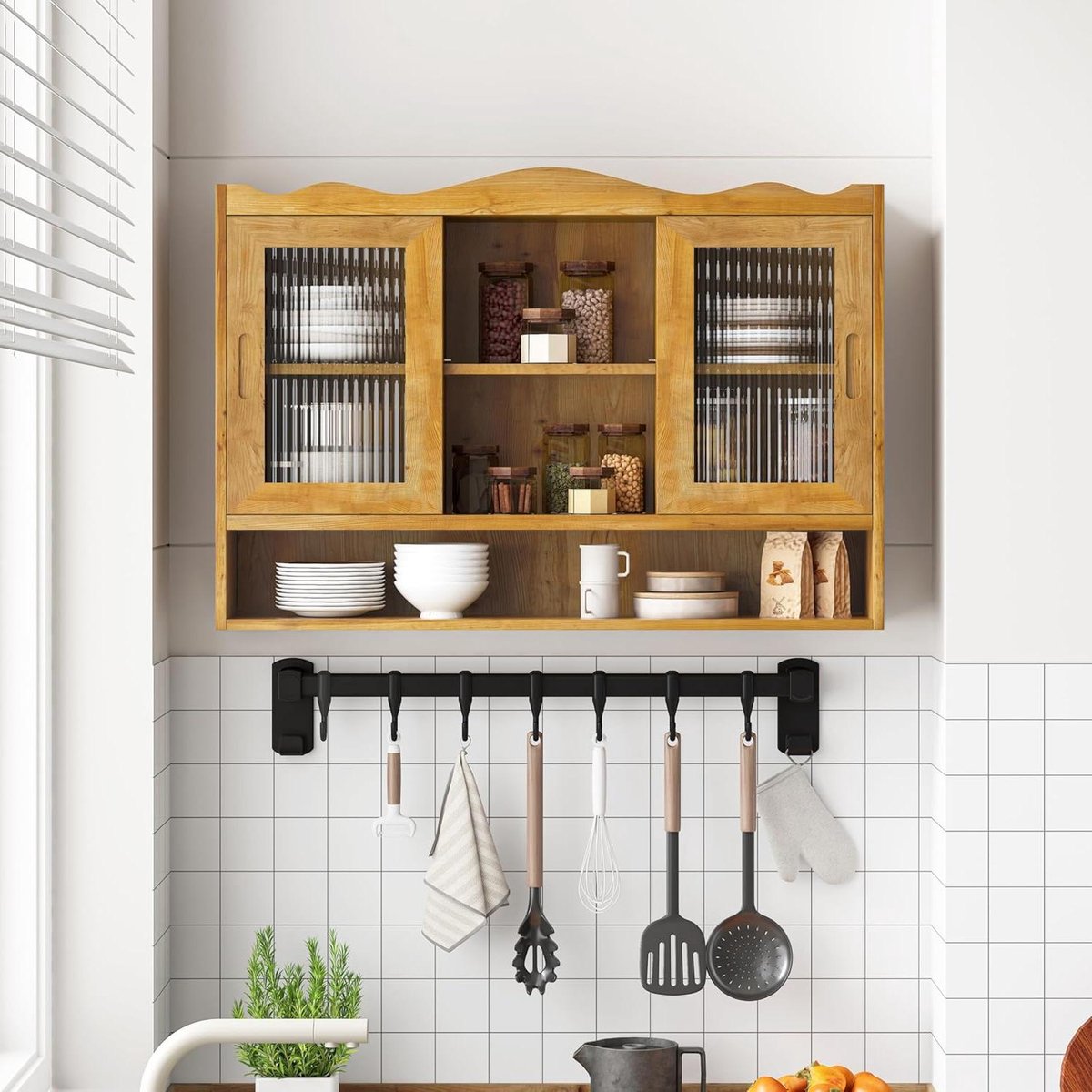 Hangkast - Keuken muurkast - Keuken organiseren - Schuifdeuren glas - 90 x 20 x 60cm - Naturel