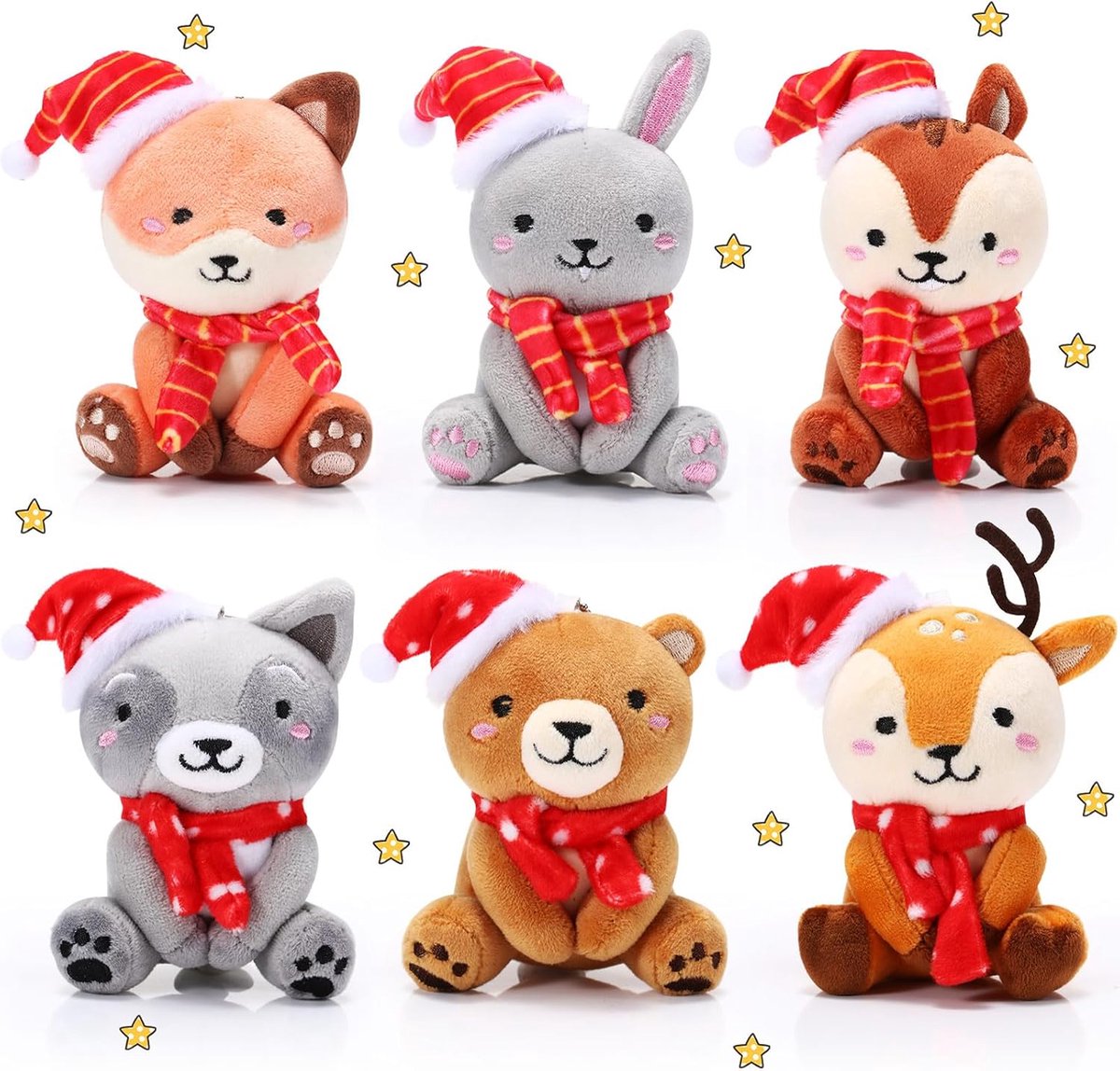6 stuks mini-bosdieren, knuffeldieren, jungledieren, pluche dieren, 10 cm, schattige pluche beer, konijnen, eekhoorntjes, wasbeer, knuffeldieren voor verjaardag, Kerstmis, feest, met diermotto