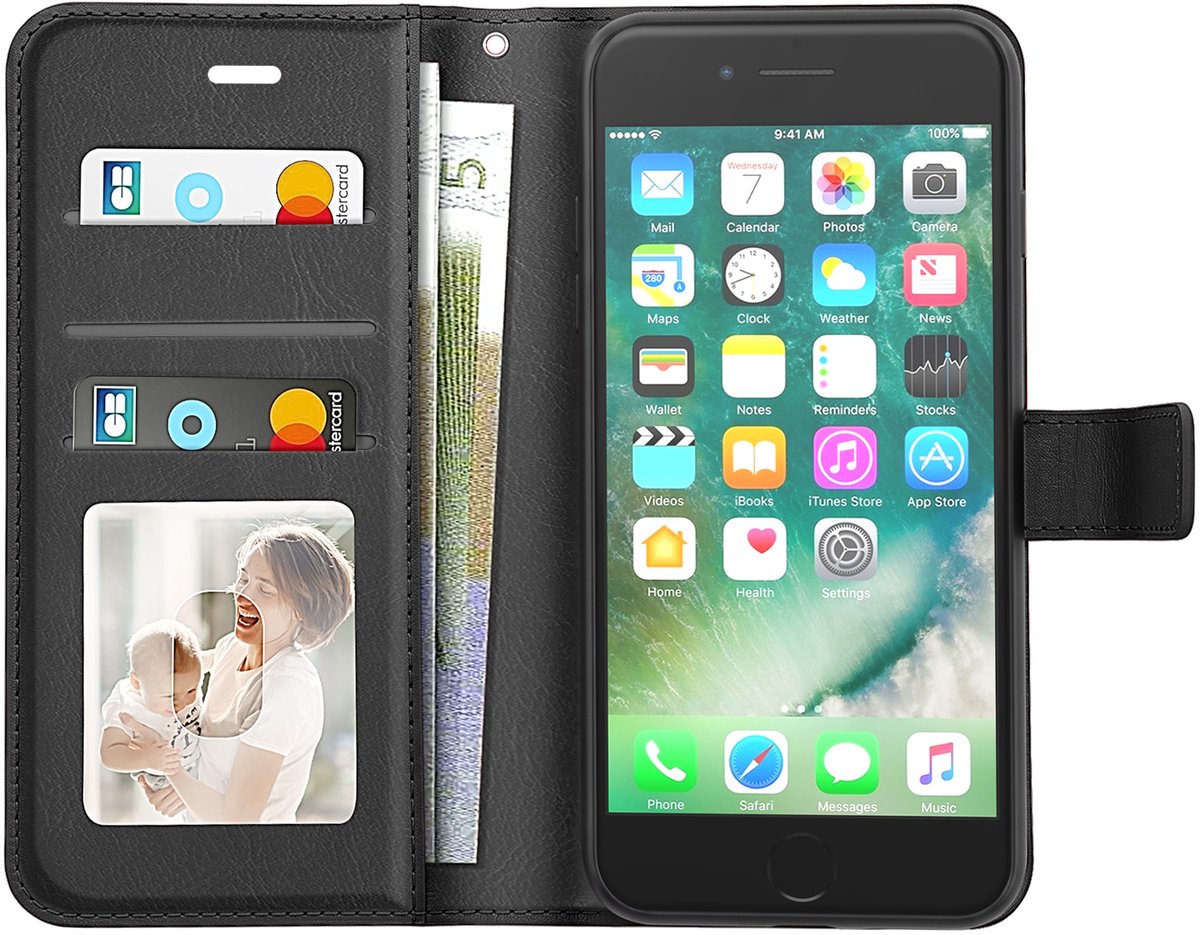 Mayaxess, Portemonnee Hoesje Geschikt voor Apple iPhone SE 2020 / 2022 met Polsbandje en Standaard, Zwart