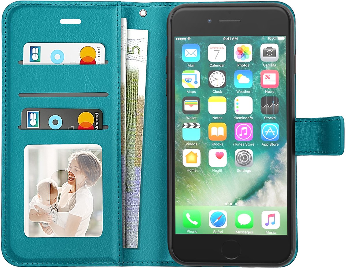 Mayaxess, Portemonnee Etui Geschikt voor Apple iPhone SE 2020 / 2022 met Standaard en Polsbandje, Turquoise