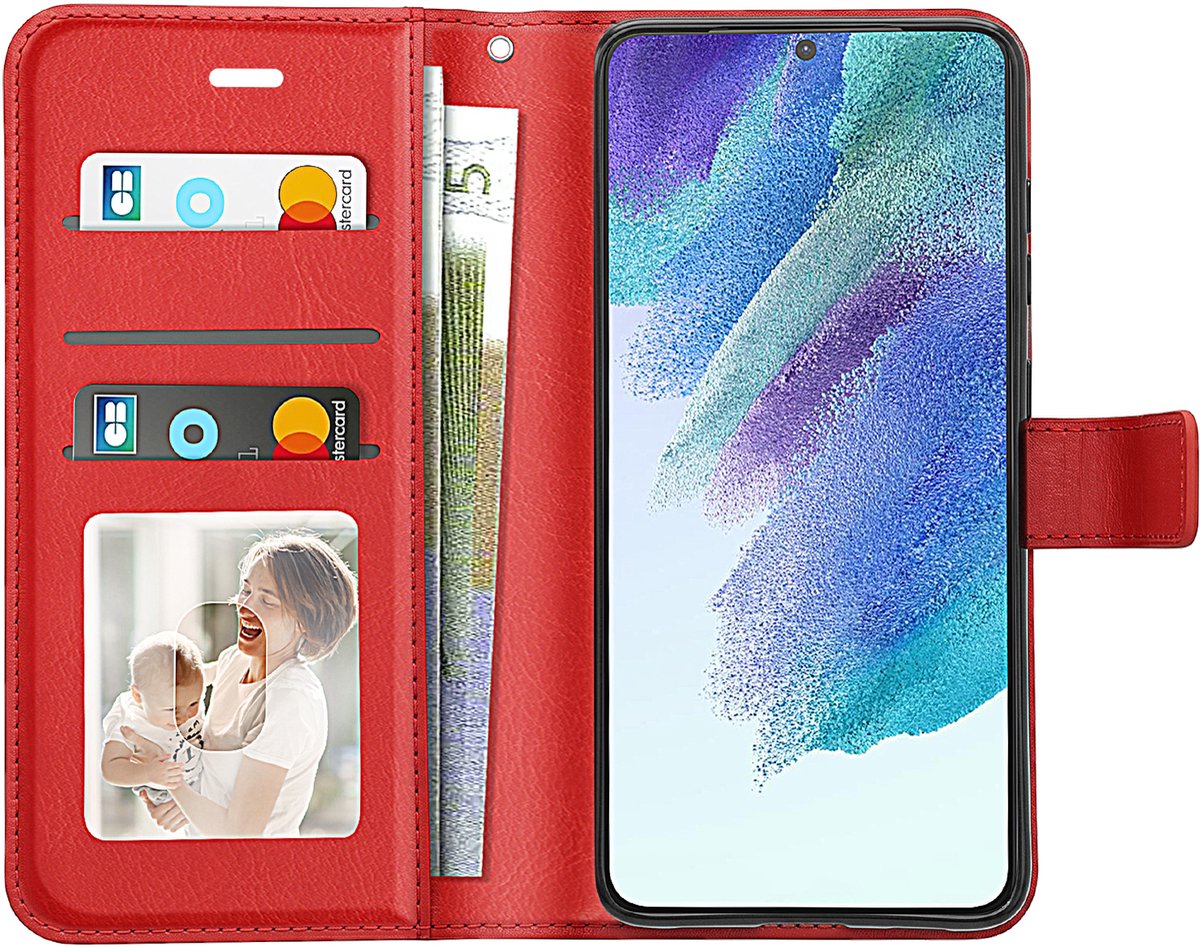 Mayaxess, Portemonnee Hoesje geschikt voor Samsung Galaxy S21 FE met Draagkoord, Rood