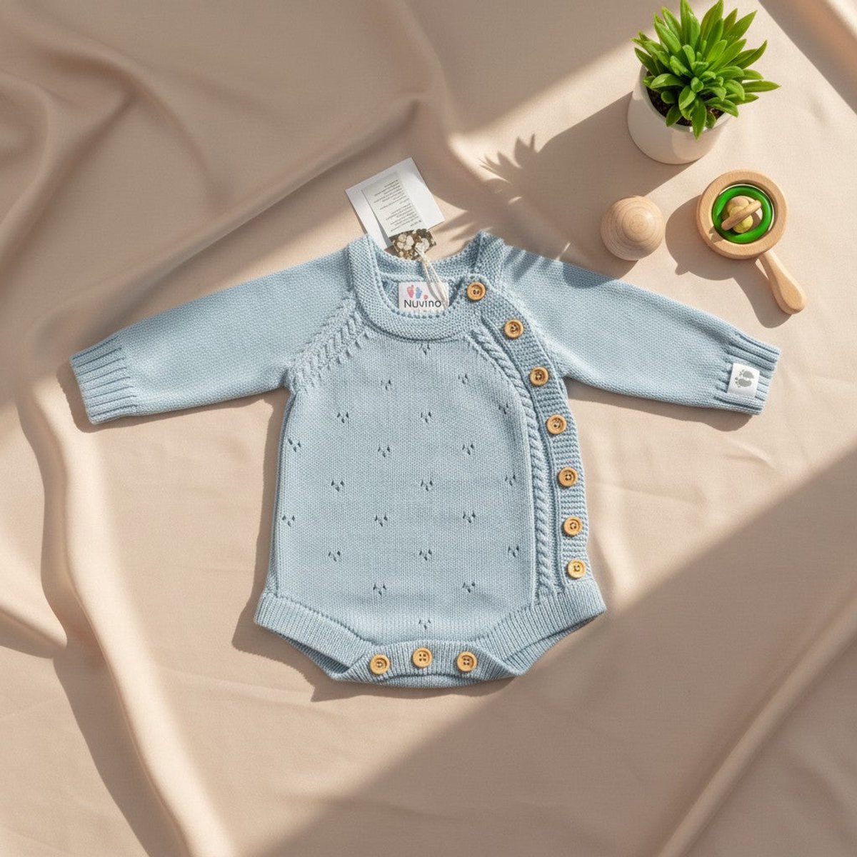 Nuvinokids Hemelsblauw - Baby Romper - 100% Katoen - Maat 62/68 - Peuter - Kind - Newborn - Rompertje - Boxpakje - Babypakje - Kruippakje - Babykleding - Gebreide Romper - Lange Mouw - Drukknopen - Zacht en Ademend - Jongen - Meisje - Unisex