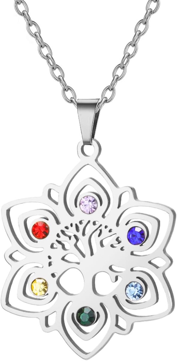 Halsketting levensboom, chakra-hanger voor vrouwen, hanger van roestvrij staal, helende stenen, spirituele sieraden, chakra-compensatie, yoga en meditatie-sieraden