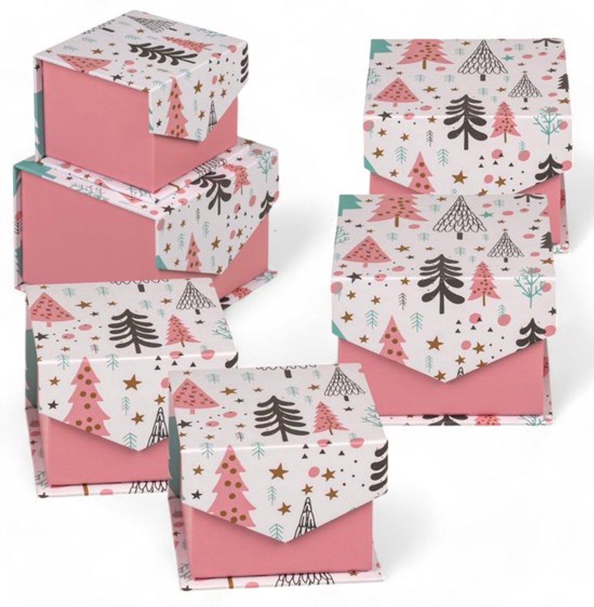 Geschenkdozen met deksel - 6-delige set - Opklapbaar - Dennendesign - Roze/mint - 11 x 10,8 x 8,6 cm / 8 x 7,9 x 6,1 cm - Cadeaudozen