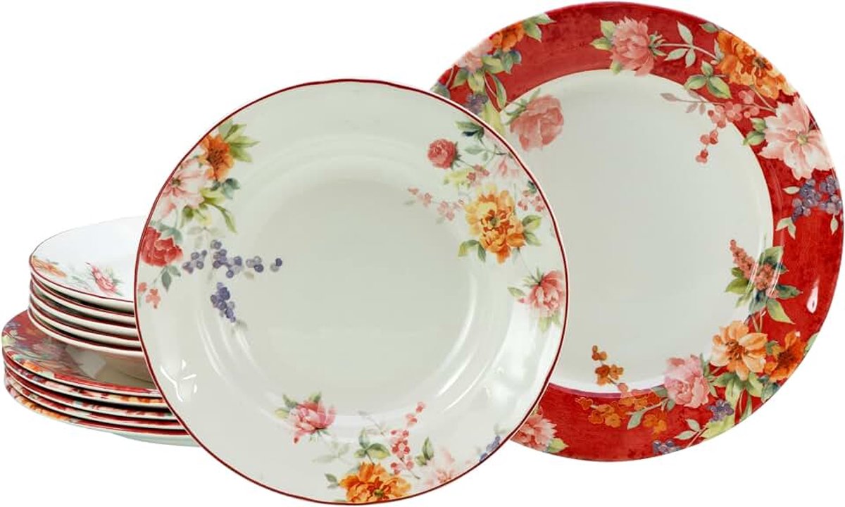 24488, serie Crimson, 12-delige serviesset voor 6 personen, tafelservies van aardewerk, vaatwasser- en magnetronbestendig, kwaliteitsproductie
