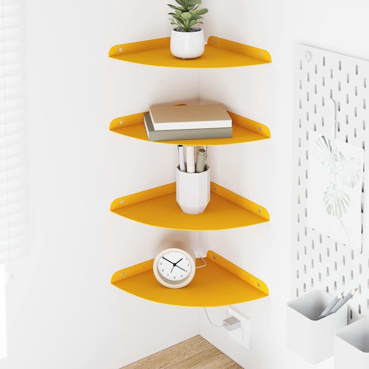 Zwevende plank set van 4 mosterdgeel 24x24x2 cm | Kwartronde vorm, verhoogde randen, wand- en hoekmontage, gemakkelijk te reinigen