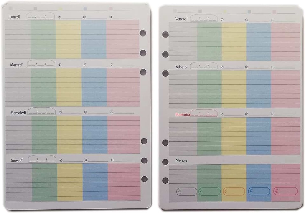 Weekplanner met 5 kolommen, zonder datum, A5, 14,5 x 20,5 cm, 6 gaten voor organizer met 6 ringen