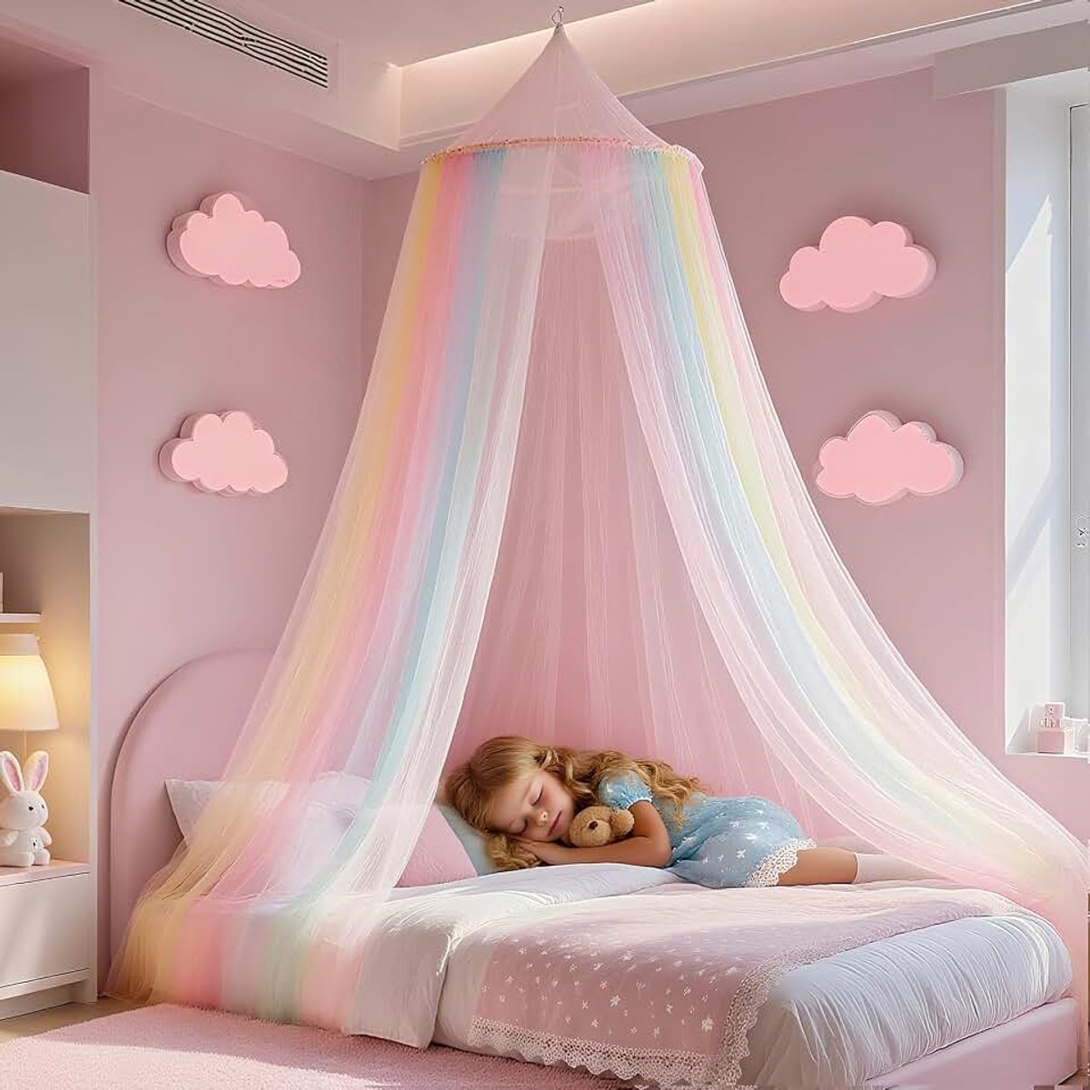 Bedluifel voor meisjes, regenboog luifel voor tweepersoonsbed, eenpersoonsbed, baldakijn, kinderkamer, hemelbed, gordijnen voor reizen en thuis, binnen en buiten