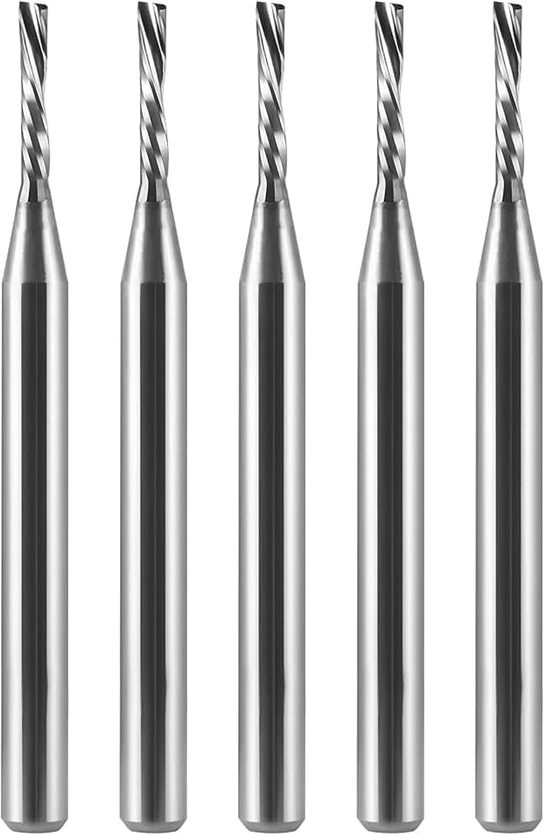 3,175 mm Down Cut Enkelfluit (O-Flute) schachtfrees, met 1,5 mm snijdiameter, 8 mm snijlengte voor acryl, pvc, MDF, hout, verpakking van 5