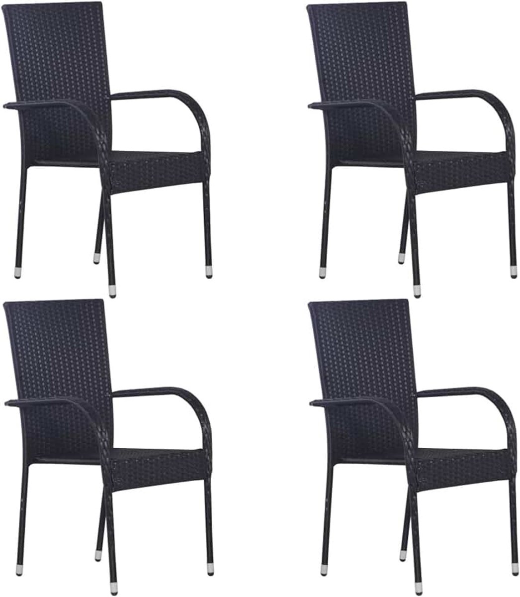 Set van 4 eetkamerstoelen voor binnen en buiten, stapelbaar, keukenstoelen van polyrotan, 55,5 x 53,5 x 95 cm, zwart