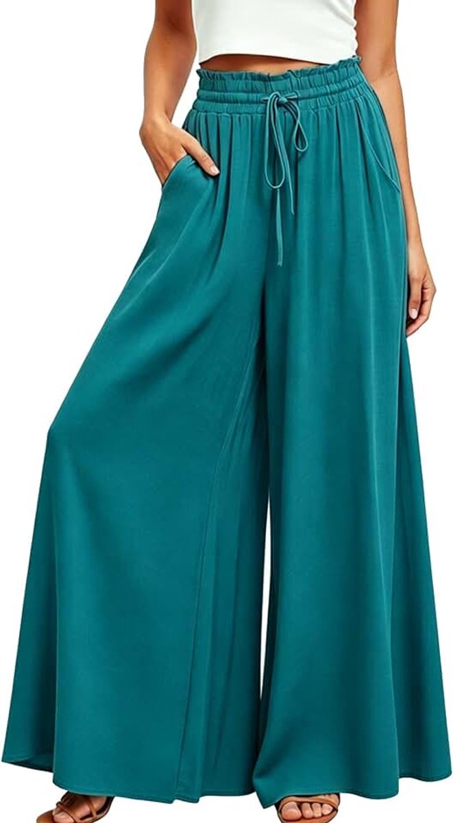 Zomer, hoge taille, vloeiende palazzo-broek, brede pijpen, casual, licht, elegant, strand, casual broek met zakken en trekkoord