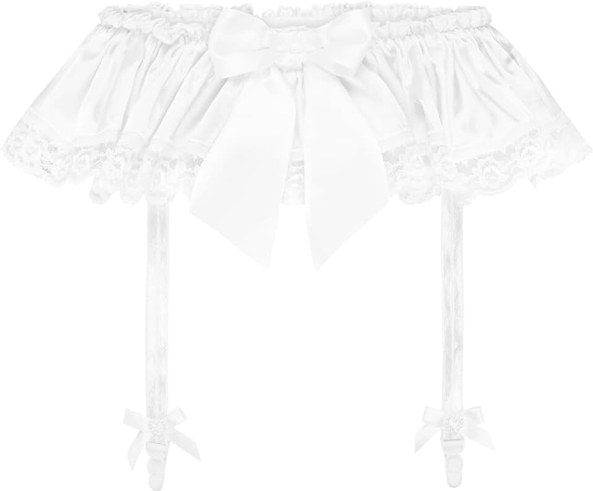 Satijnen Sissy Jarretelgordel Kant Strikken Lingerie | Zijdezachte Glans, Sierlijke Rand Met Ruches, Grote Blikvanger Vooraan, Platte Jarretelclips Voor Kousen