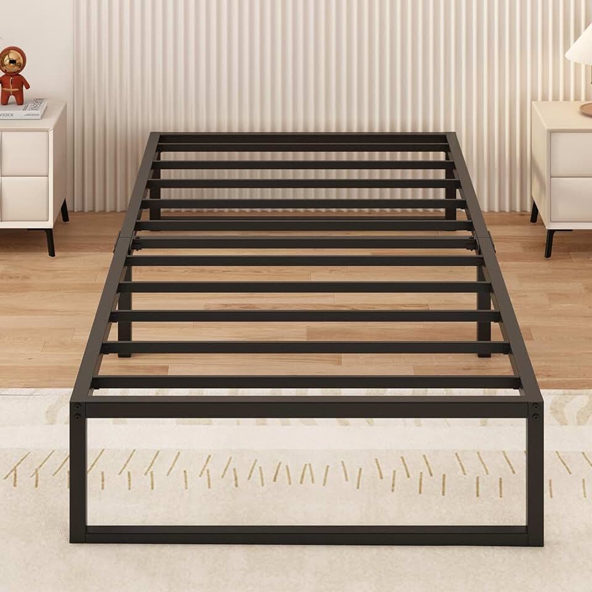 Bedframe 90x200 cm, Metalen Platform Eenpersoonsbedframe met Zware Metalen Latten voor Stabiele Ondersteuning, Eenvoudige Montage, Geruisloos, Geen Boxspring Nodig, 30 cm Hoog, Zwart