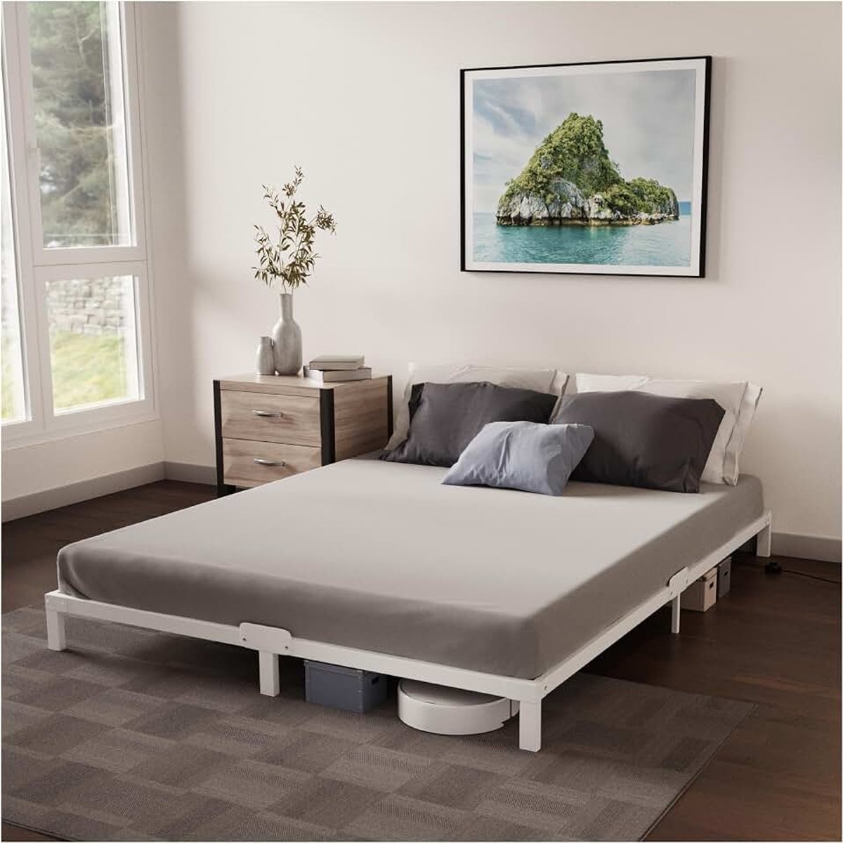 Bedframe 180 x 200 Van Metaal, Bedframe 180 x 200 Voor Matrassen Eenpersoonsbed, Hoogte 25 cm, Robuust, Eenvoudige Montage, Omvangrijke Opbergruimte, Witte Lattenbodem