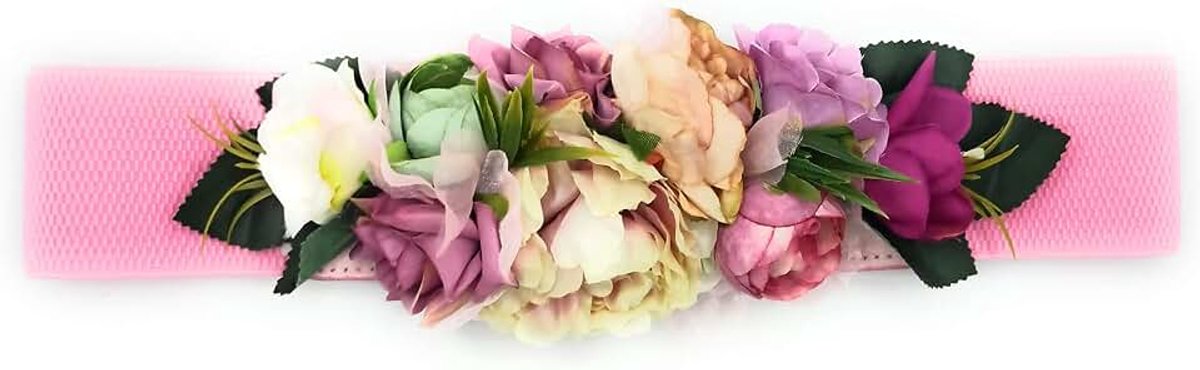 Bloemenriem voor feestjurken voor dames, elastische riem met kunstbloemen, Roze pioenroos, ivoorkleurig, kaasjeskruid, hasta talla 40