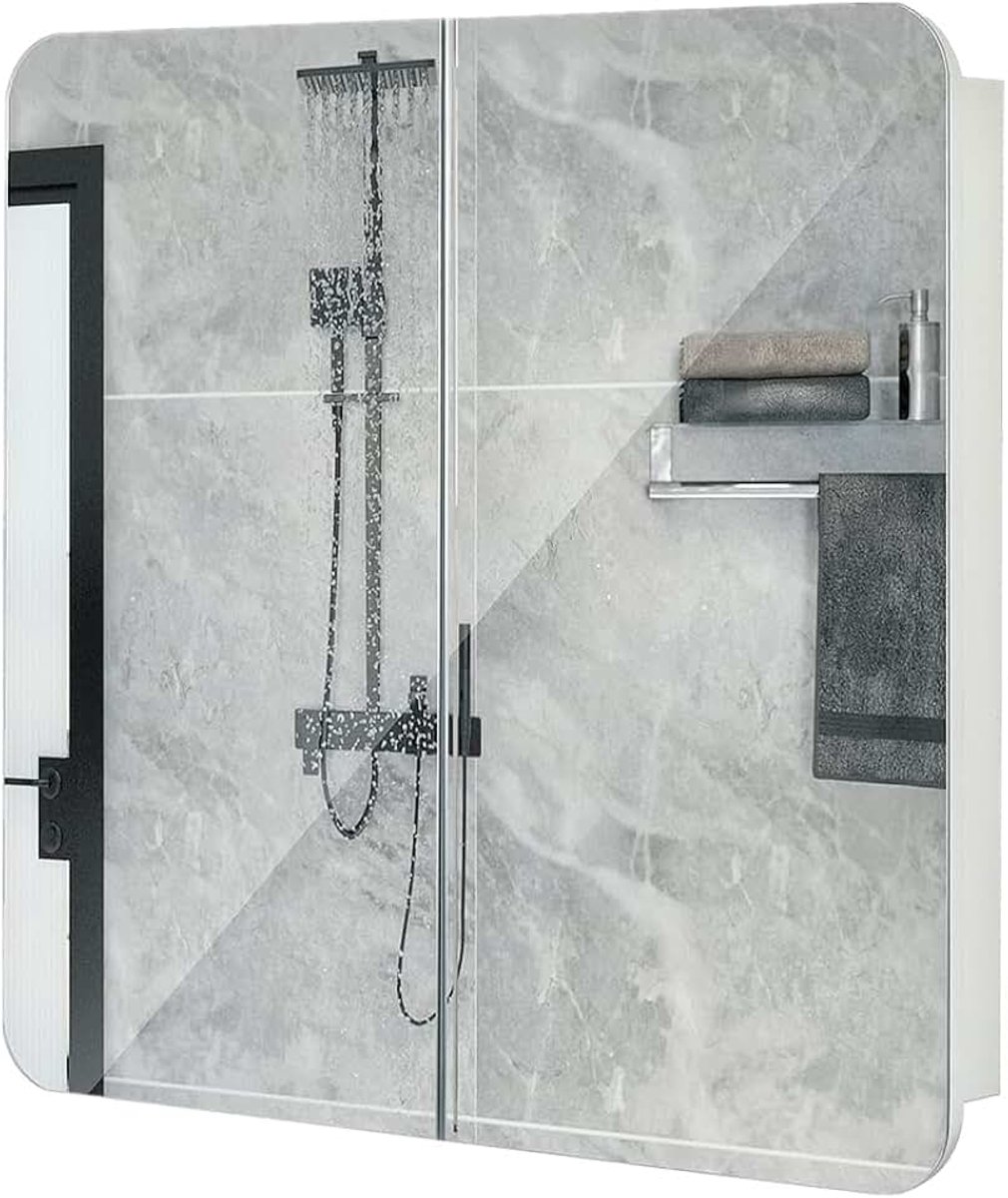 Badkamerspiegelkast, wandgemonteerde opbergkast met 2 deuren, 5 planken, moderne houten stijl, 68 x 13 x 66 cm, wit