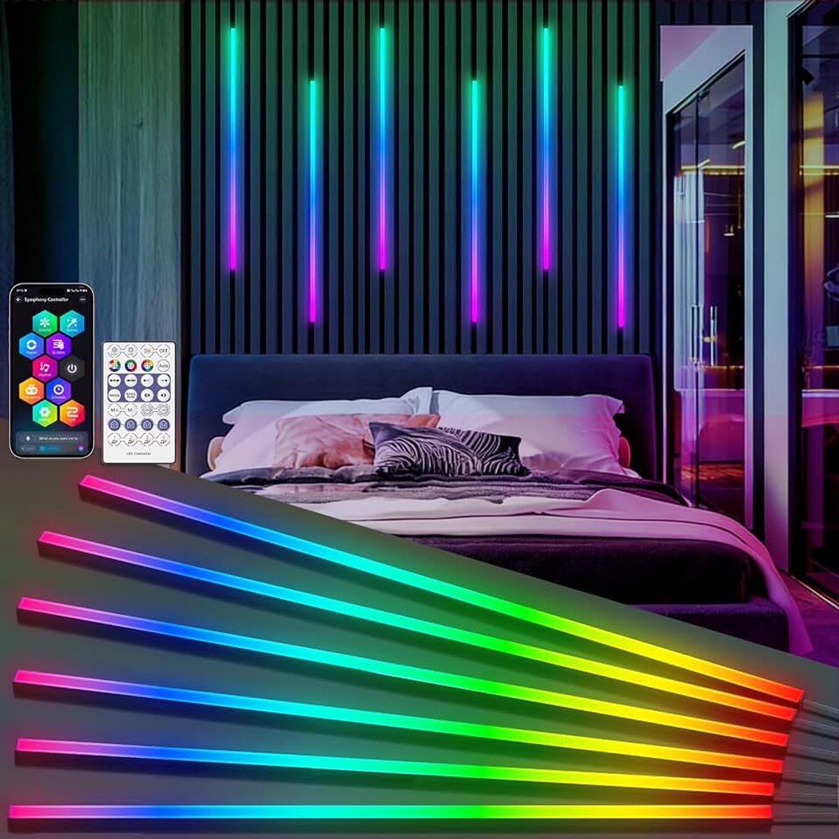 Led-akoestische paneelverlichting, 6 stuks intelligente kleurvolgende wandpaneelverlichting met Alexa & wifi-app-bediening, doe-het-zelf ledstrips met meerdere kleuren (137 x 6 cm)