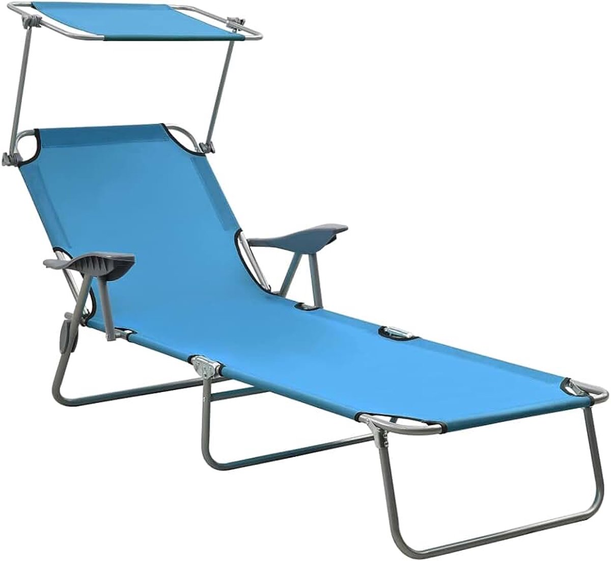 Ligstoel met verstelbaar zonnedak en rugleuning van robuust gepoedercoat staal voor tuin en strand, 1 stuk, blauw