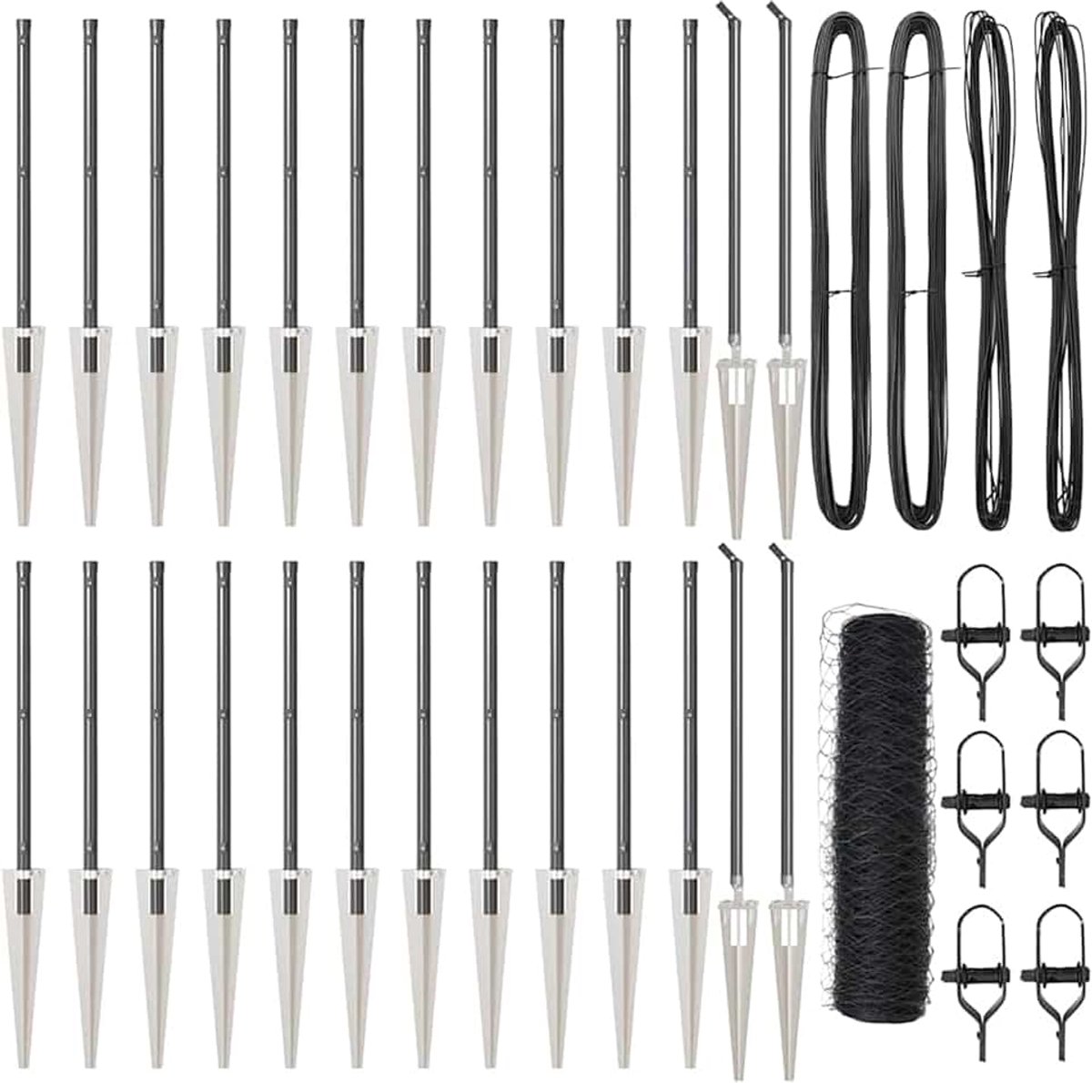 Zeshoekige omheining, grijs, 1 x 50 m, hekpalen met spikes, 13 stuks, diameter 32 mm, 120 cm, verzinkt staal, stabiele stalen palen voor tuinhekken, landbouw, wilgennetten, kippendraad 3353273