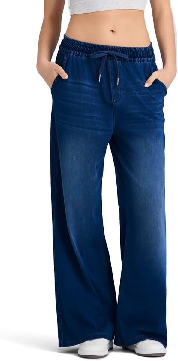 Jeans met Verstelbare Trekkoordtaille. Zachte en Comfortabele Rechte Jeans, Perfect voor Stijlvolle Dagelijkse Looks, Sport, Fitness en Yoga Culotte Jeans