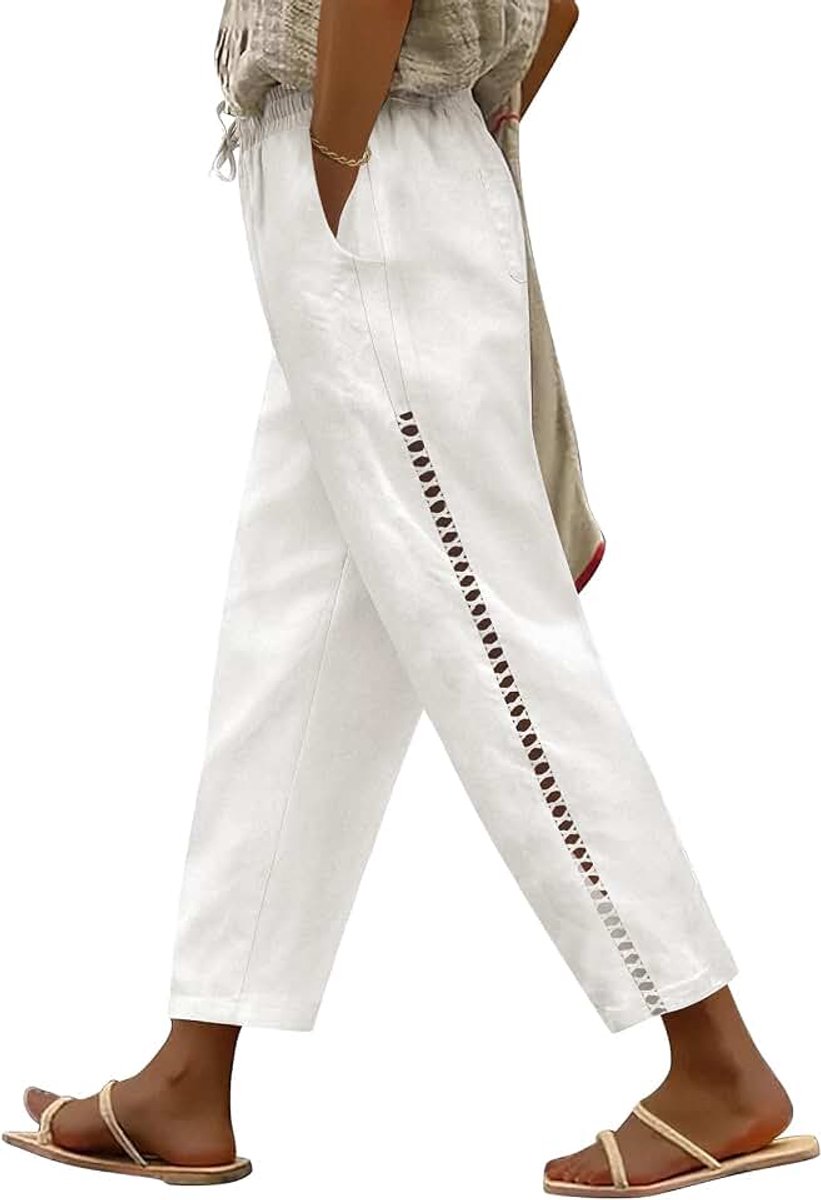 Linnen damesbroek met hoge taille zomer baggy 7/8 linnen katoenen broek gezellig gaas casual lichtgewicht broek met zakken