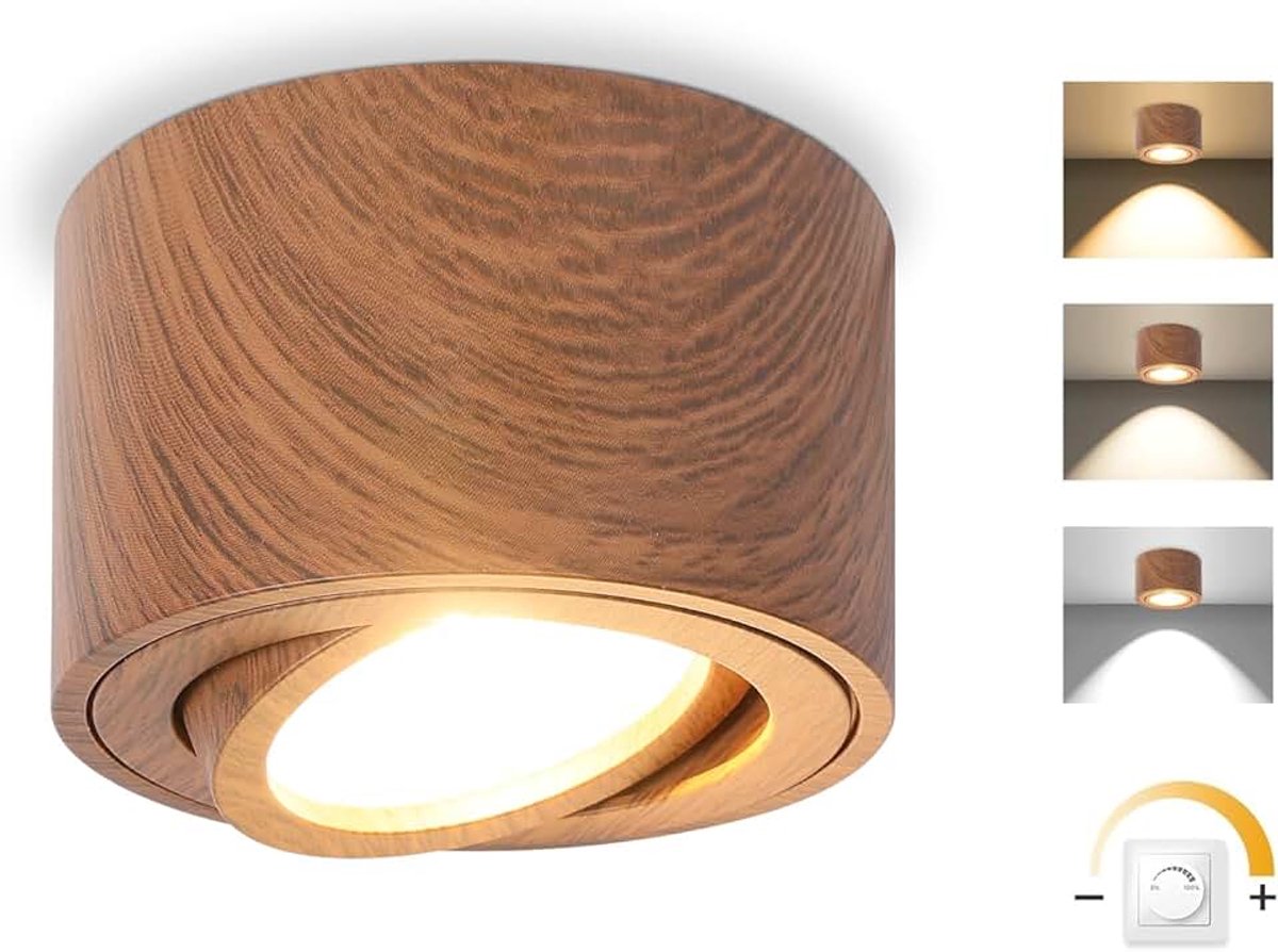 Dimbare LED-opbouwspot, draaibaar, 5 W, plafondspots, Ø 80 x 50 mm, 3000 K/4000 K/6500 K, 30 graden, badkamerspot, aluminium, rond, Legno scuro, plafondlamp, led-spot