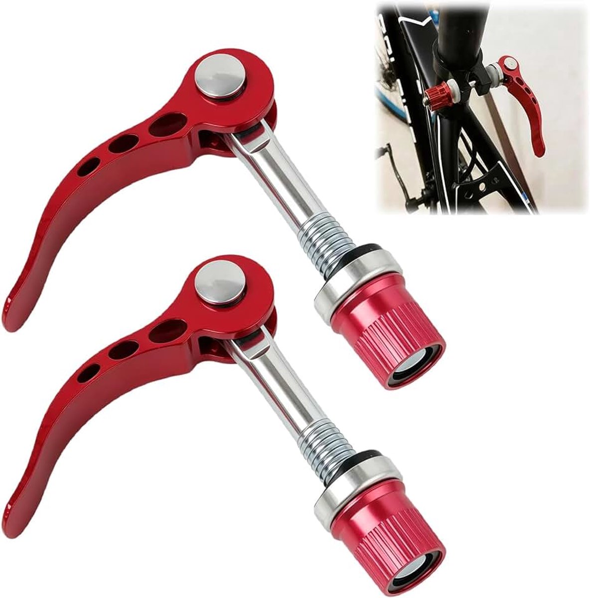 Set van 2 Snelklemmen M8x55mm, Snelontgrendeling voor Fietszadelpen, Duurzaam & Roestvrij, Universeel voor Mountainbike, Racefiets, Vouwbaar en te Laden, Kleur Rood