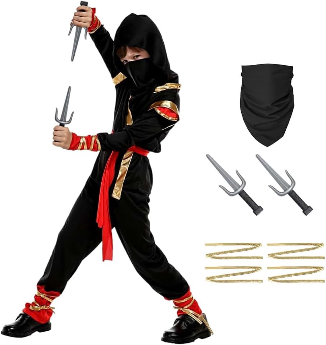 Compleet Ninja-kostuum voor kinderen met complete accessoires, comfortabel en veilig ninja-kostuum voor kinderen, voor Halloween-feest, verjaardag en rollenspel, kerstfeest, carnaval