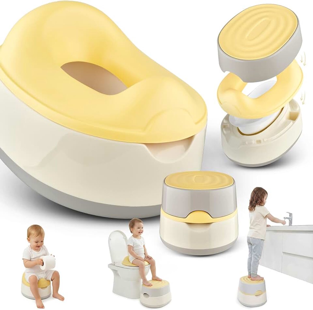 Toys 3-in-1 potje voor kinderen, toilet TÜV-getest, BPA-vrij, zindelijkheidstrainingtoilet, babypotje vanaf 1 jaar, kindertoilet + wc-bril kinderen + toiletkruk, eenvoudige reiniging, grijs/geel