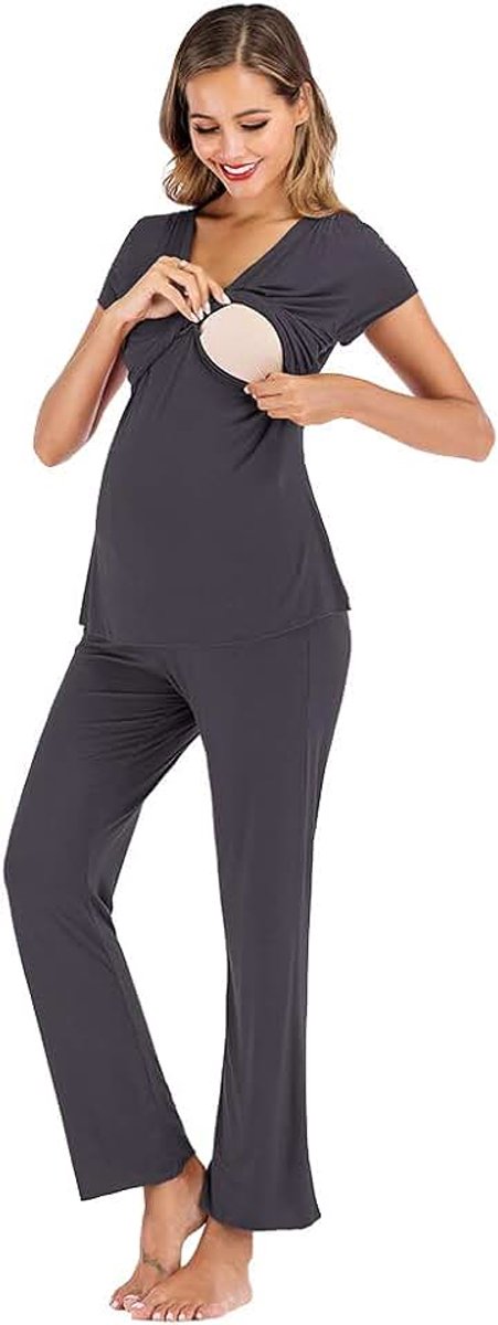 Rismart Zwangerschaps- en borstvoedingspyjama voor dames, set met korte mouwen, zwanger ziekenhuis, nachtkleding T-shirt top met broek