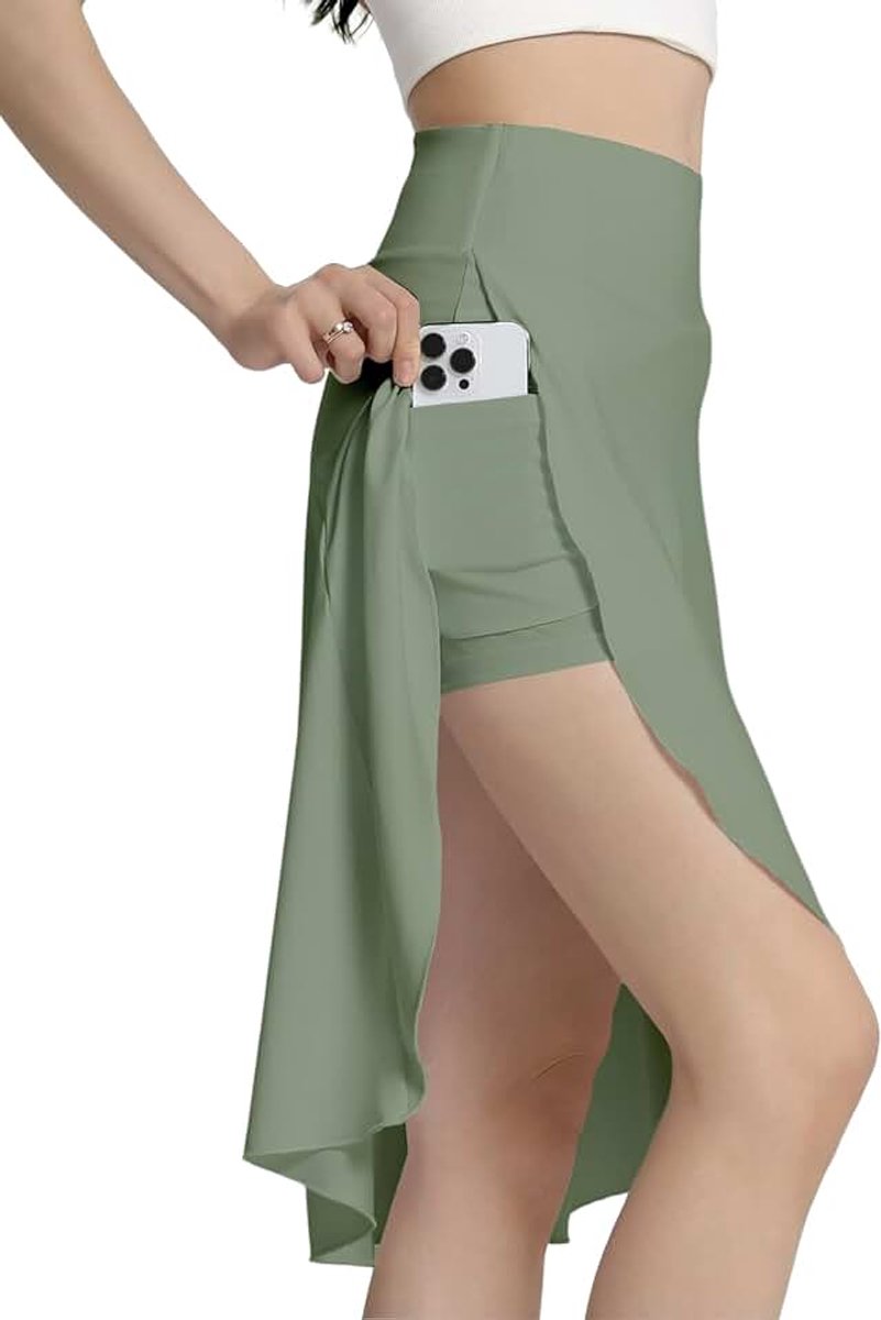 Damesrok met korte broek, atletische rok met hoge taille, met zakken, midi-lengte, vloeiende rok met split aan de zoom met ruches
