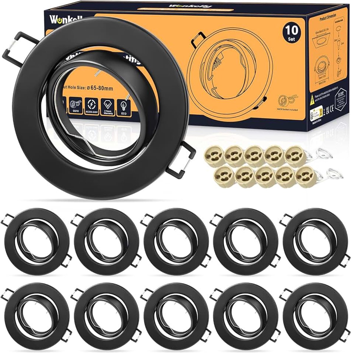 Inbouwspot GU10 set, (incl. fitting), spot 230V, gatdiameter 68mm, inbouwframe in rond, zwart geborsteld, 30° draaibaar, inbouwspots van metaal, voor inbouwverlichting (10 stuks)