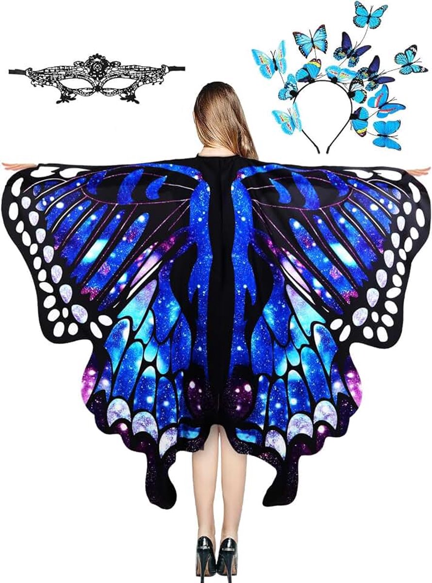 Vlinderkostuum voor dames, 3-delig, vlindervleugels voor volwassenen, cape, vlinders, met haarband en kanten masker, kostuums voor carnaval, verkleedkleding