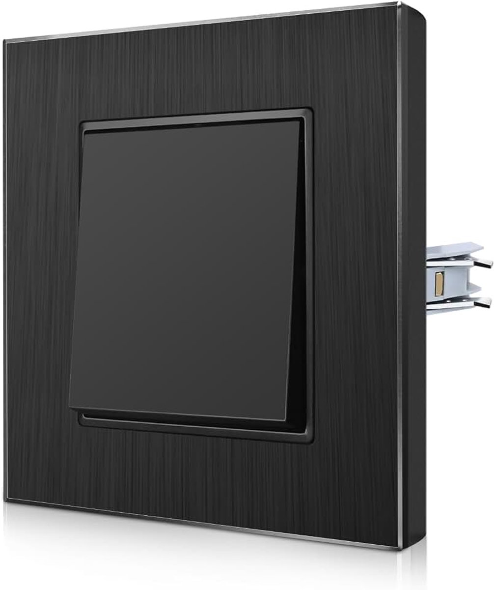 Aluminium wisselschakelaar met spanklauwen - lichtschakelaar onderputs met aluminium frame - krasbestendige wipschakelaar - zwart inbouwschakelaar - 1-voudig 2-weg wandschakelaar