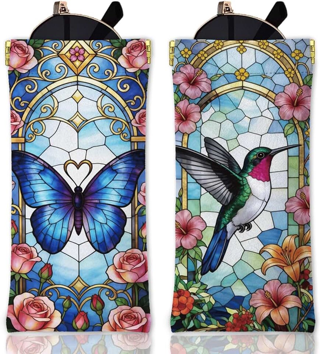 2 Stuks Gekleurd Glas Zachte Glazen Case Vlinders Kolibries Reizen PU Lederen Bril Tas Draagbare Squeeze Top Brillen Case Pouch voor Zonnebril Horloges Telefoons Borstels Make-up