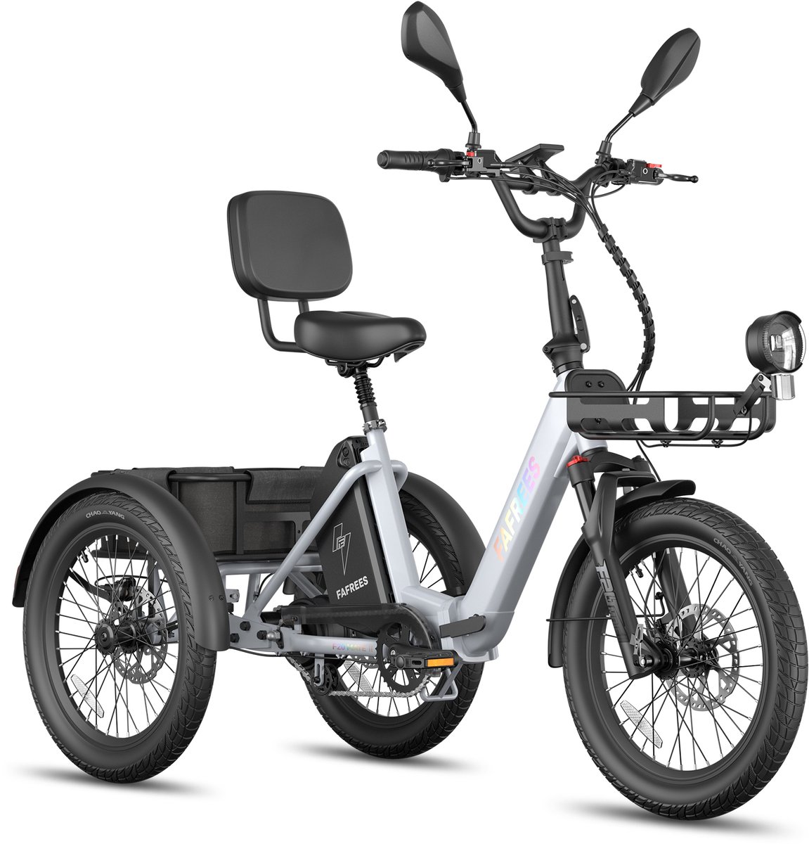 FAFREES 20 Inch 48V 25Ah Accu Famille elektrische longtail transportfiets Dik Klapfiets E-Bakfiets Elektrische Vrachtsfiets 180kg 100km Bereik -Grote groente den aan de voor- en achterkant Koppelsensor Elektrische Driewieler Grijs