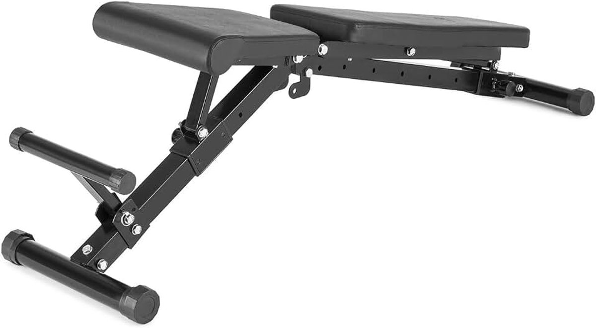 Sports Flaptor halterbank - trainingsbank, schuine bank, negatieve bankdrukken, rugleuning: 6 hellingshoeken, zitkussen: 5 hellingshoeken, voetanker: 3-niveaus, frame: zwart