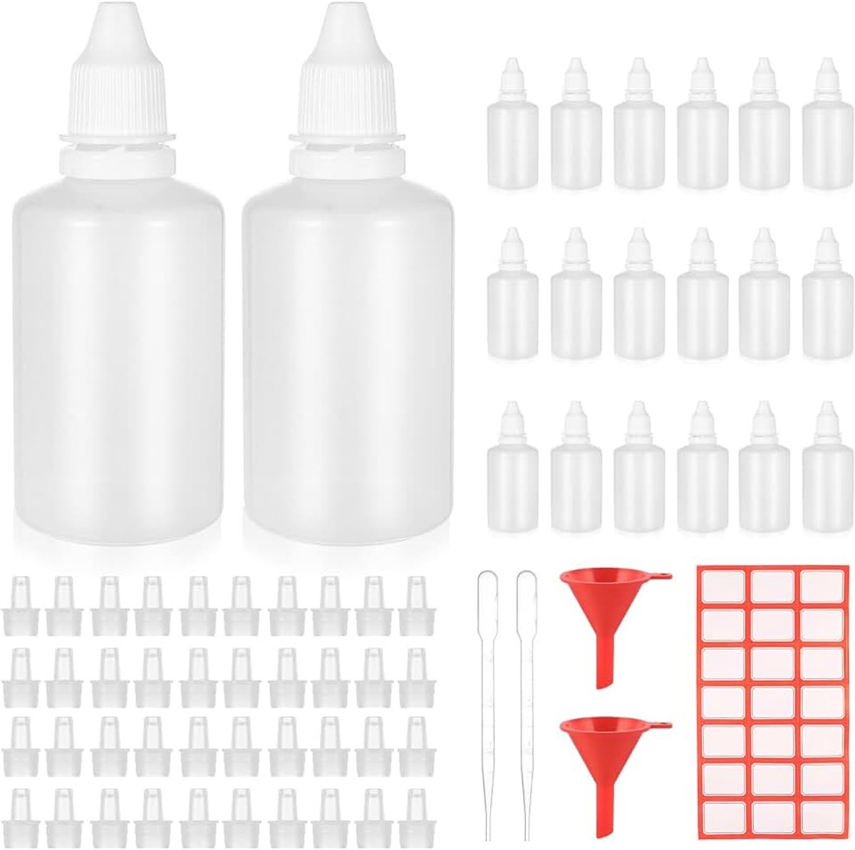 Druppelflessen, lege knijpflesjes, plastic doseerflessen, plastic flessen, druppelflessen met deksel voor etherische oliën, met trechter/transferpijpje/sticker