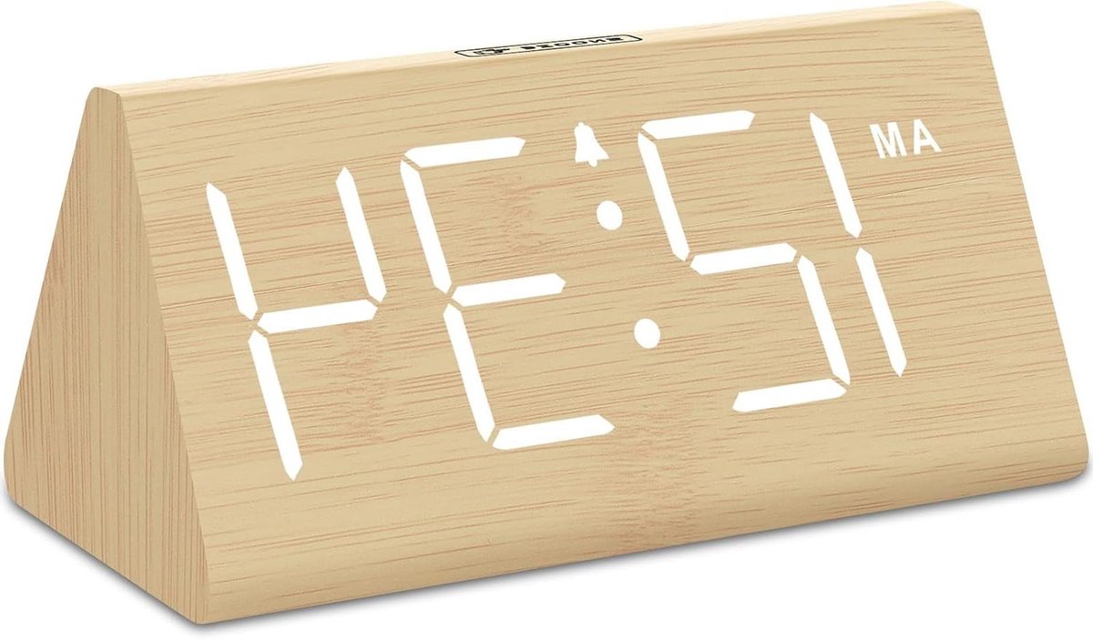 Digitale Wekker - Nachtklok Bureauklok - Wakker Worden - Verstelbaar Volume Dimmer - 15 cm Breed - Houtkleur