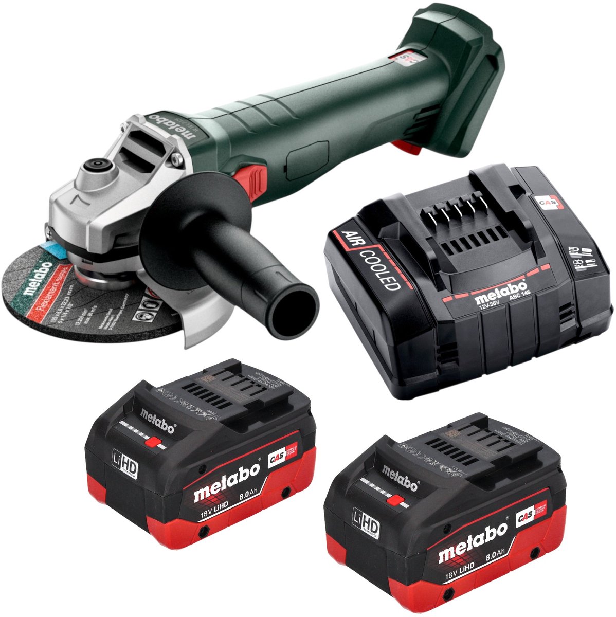 Metabo W 18 7-125 accu-haakse slijper 18 V 125 mm + 2x LiHD-accu 8,0 Ah + oplader