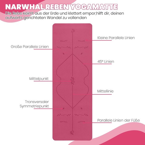 Yogamat - Sportmat Pilates - Thuis Fitness - Oriëntatielijnen Systeem - 183 x 61 cm - Roze van Yogamat — afbeelding 4